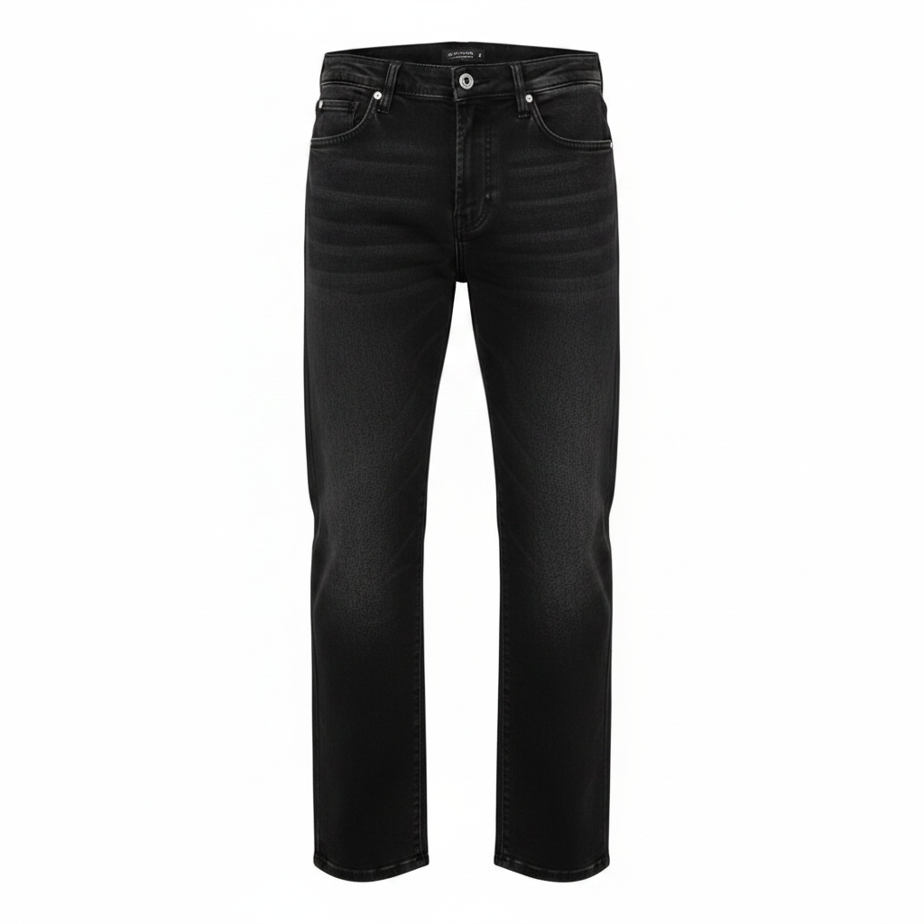 Men's black washed straight-leg denim jeans — ghost mannequin front view