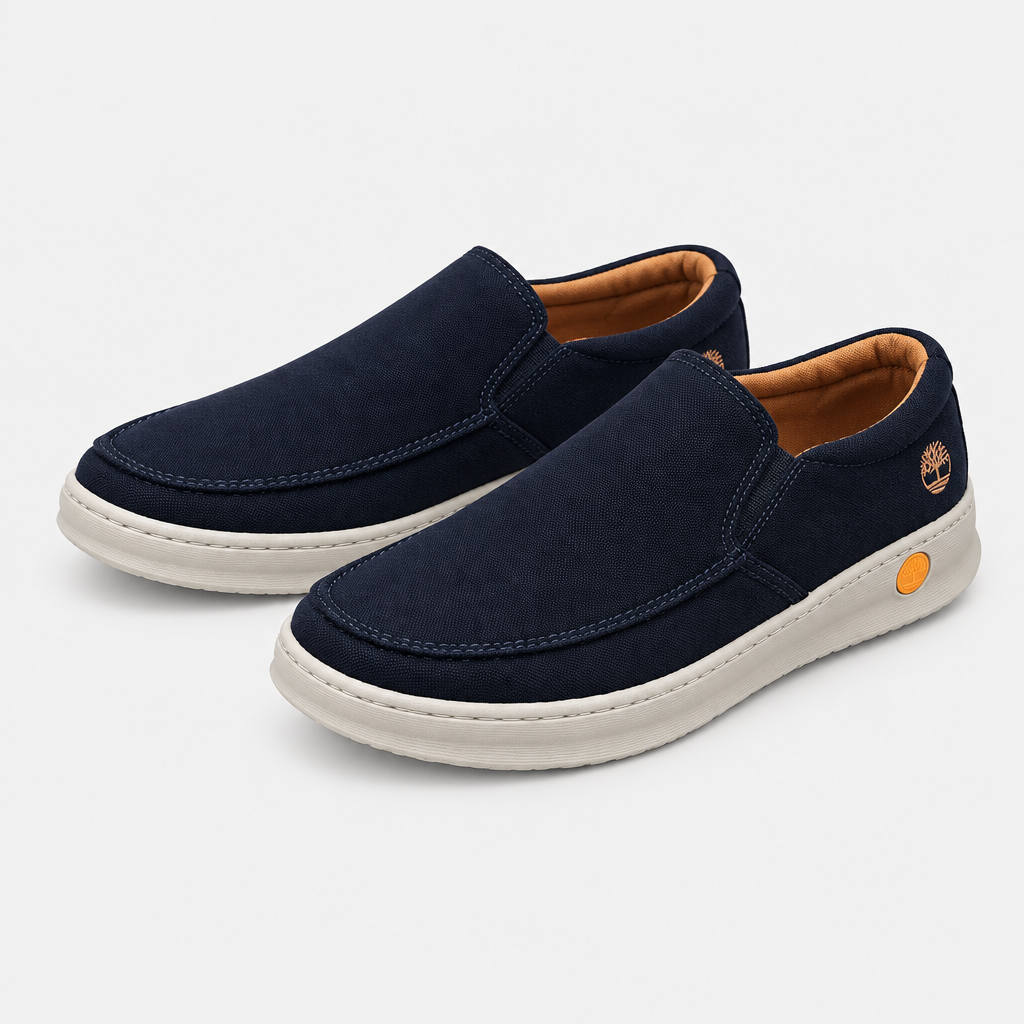 Navy blue slip-on shoe pair on a clean background