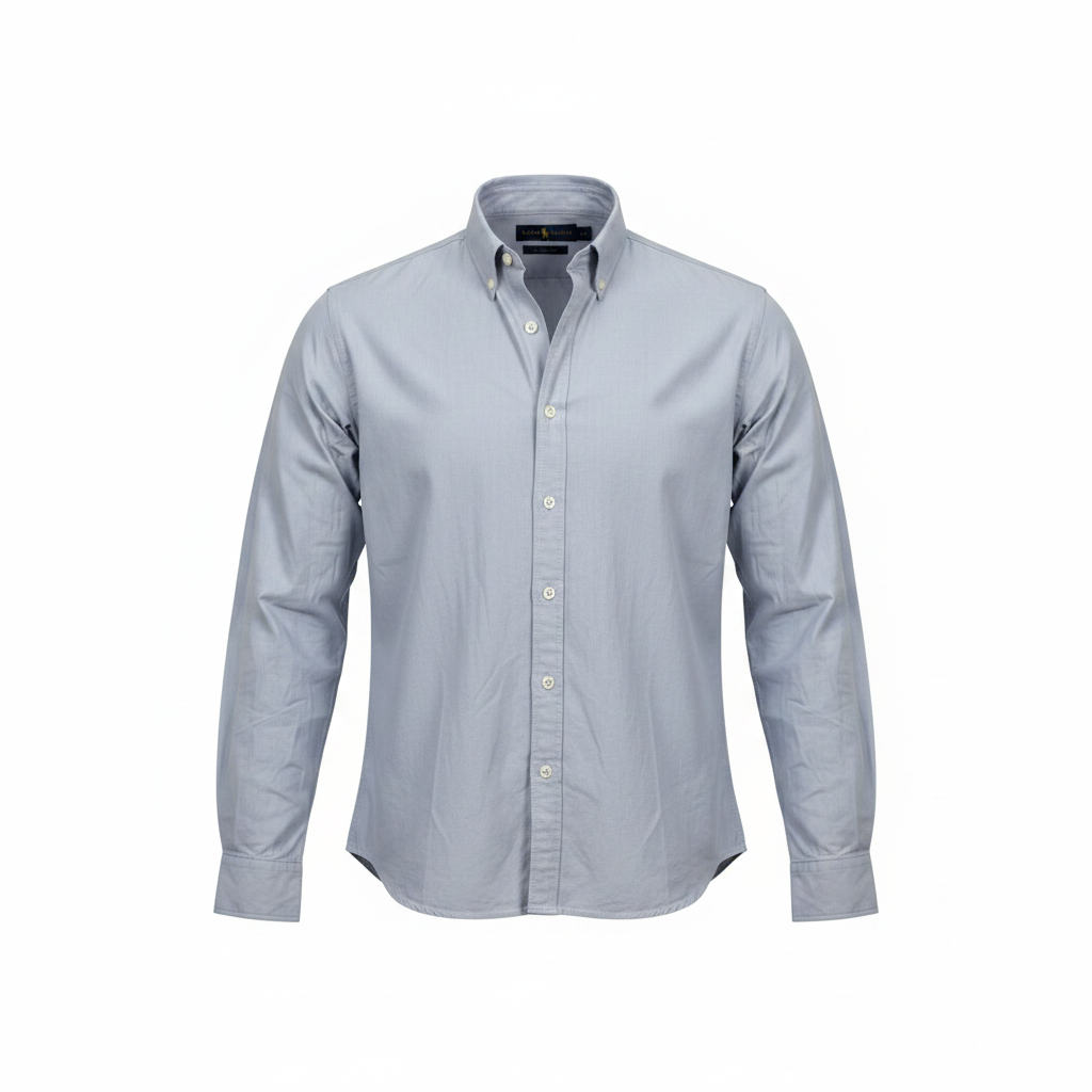Men's soft grey slate blue long-sleeve button-down casual shirt ghost mannequin front view