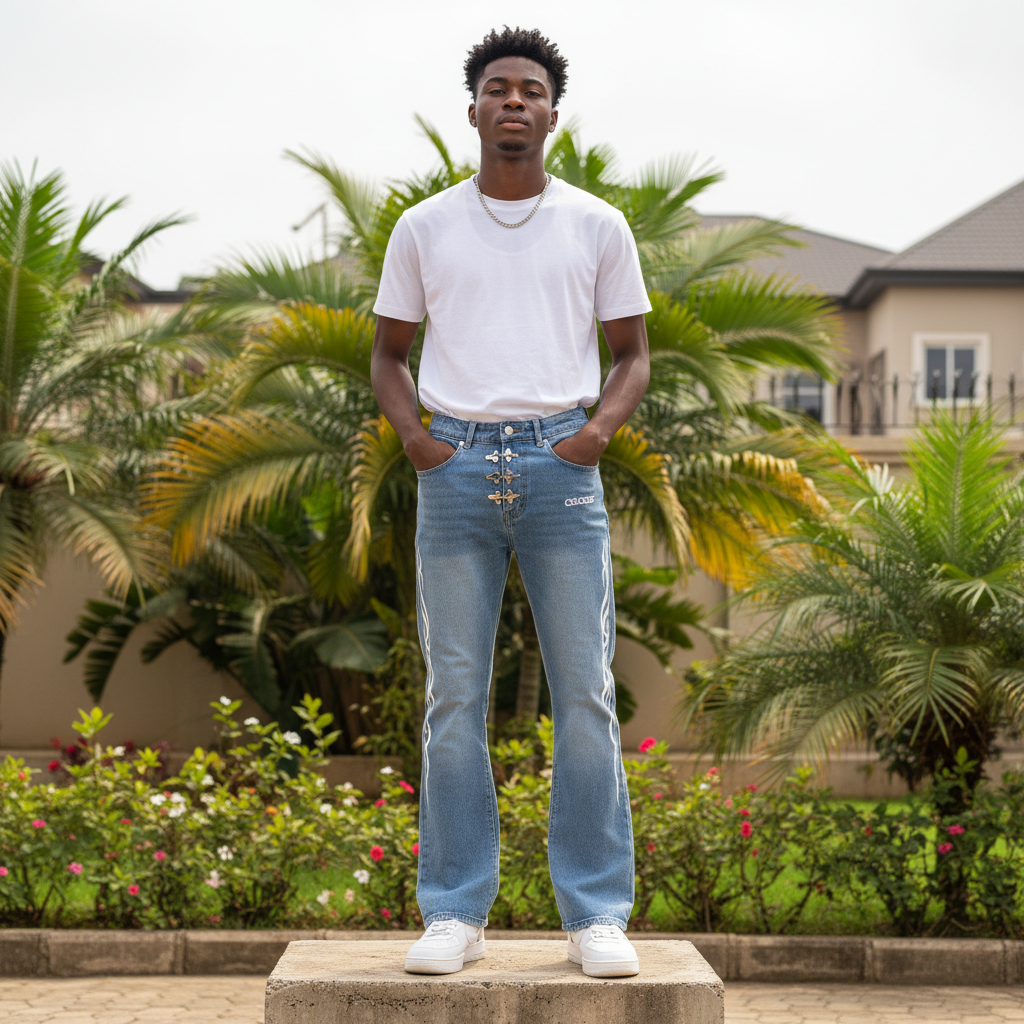 Nigerian male model full body wearing men's blue tribal flame print flared denim jeans