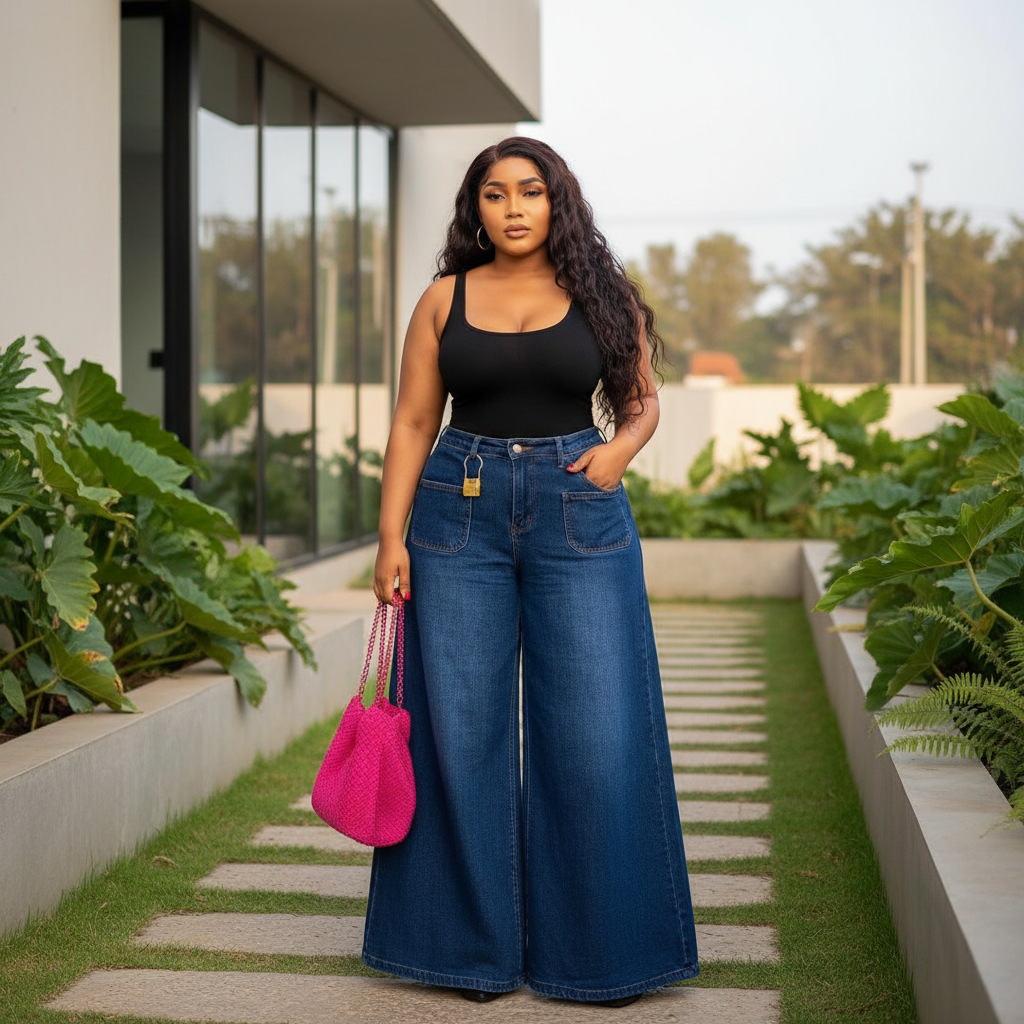 Deep Royal Blue Ultra Wide-Leg Palazzo Jeans - Model Shot