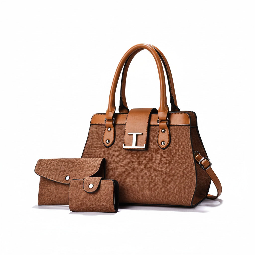 Brown structured tote bag set with clutch and card holder on white background