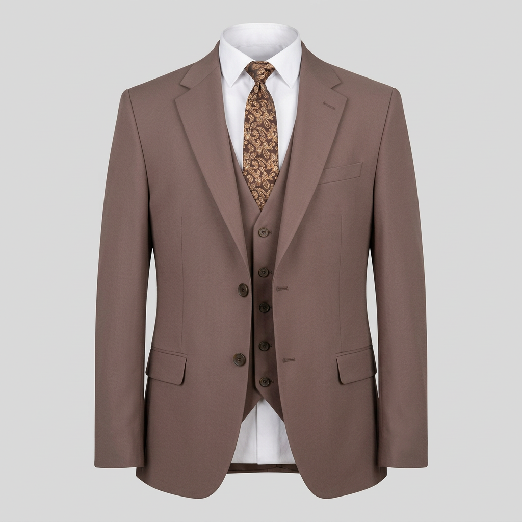 Taupe brown suit jacket and waistcoat in ghost mannequin styling