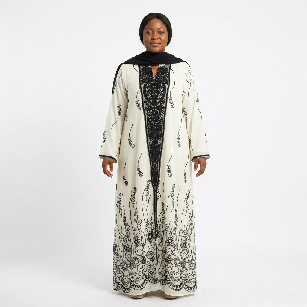 Nigerian female model wearing cream and black ornate-panel abaya against white