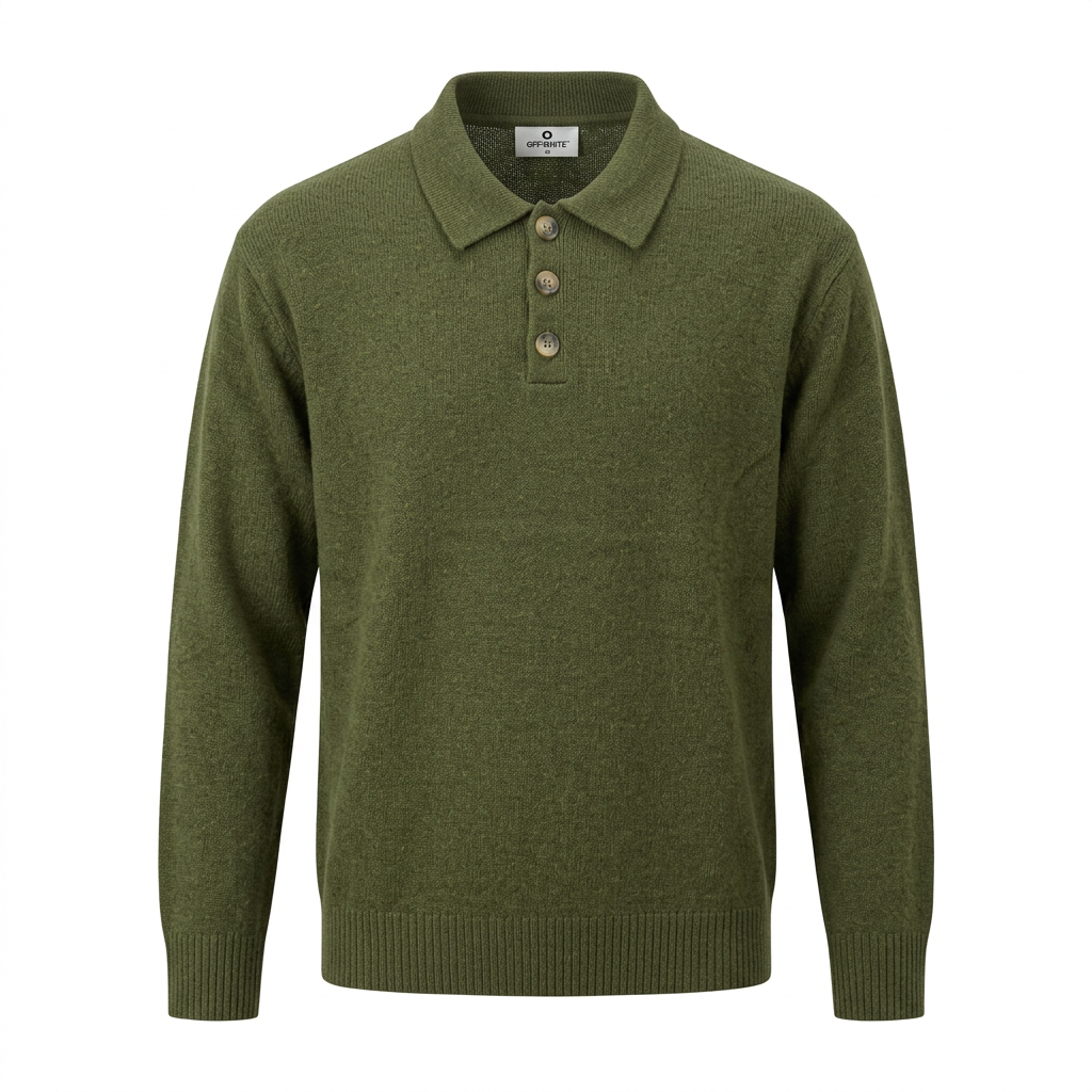 Olive textured long-sleeve knit polo on white background