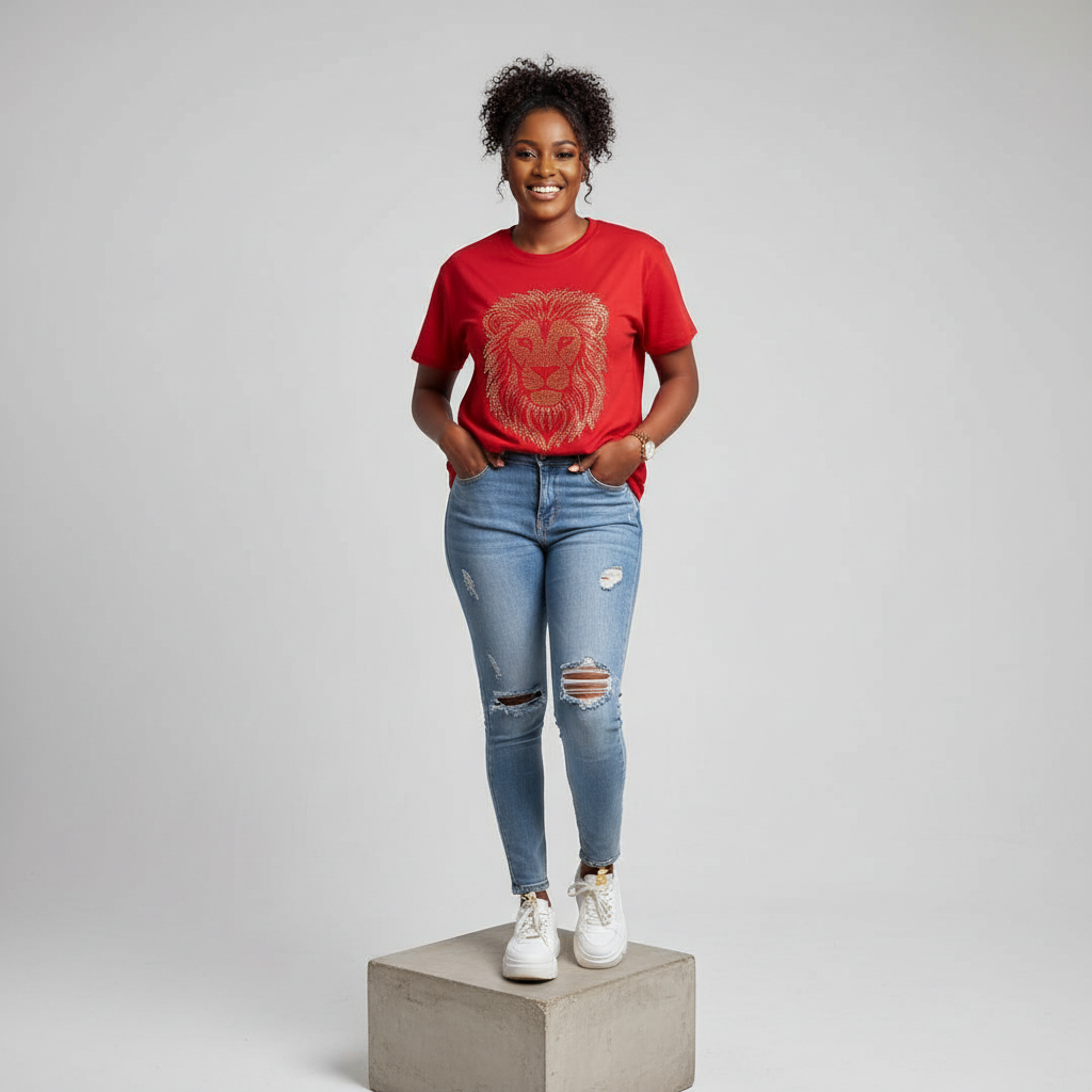 Nigerian female model front view wearing red rhinestone lion T-shirt