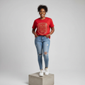 Nigerian female model front view wearing red rhinestone lion T-shirt