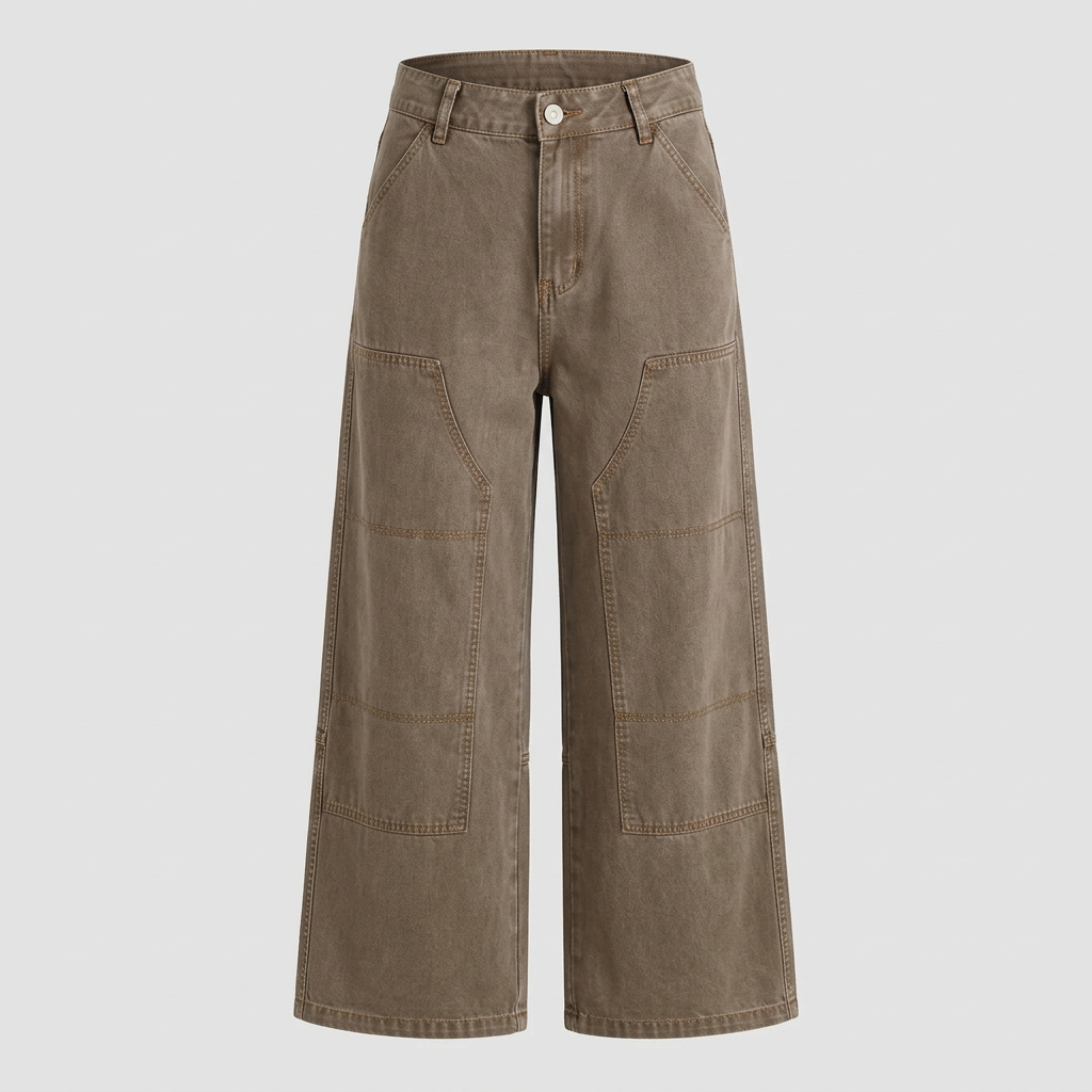 Washed brown wide-leg panelled trousers, ghost mannequin front view