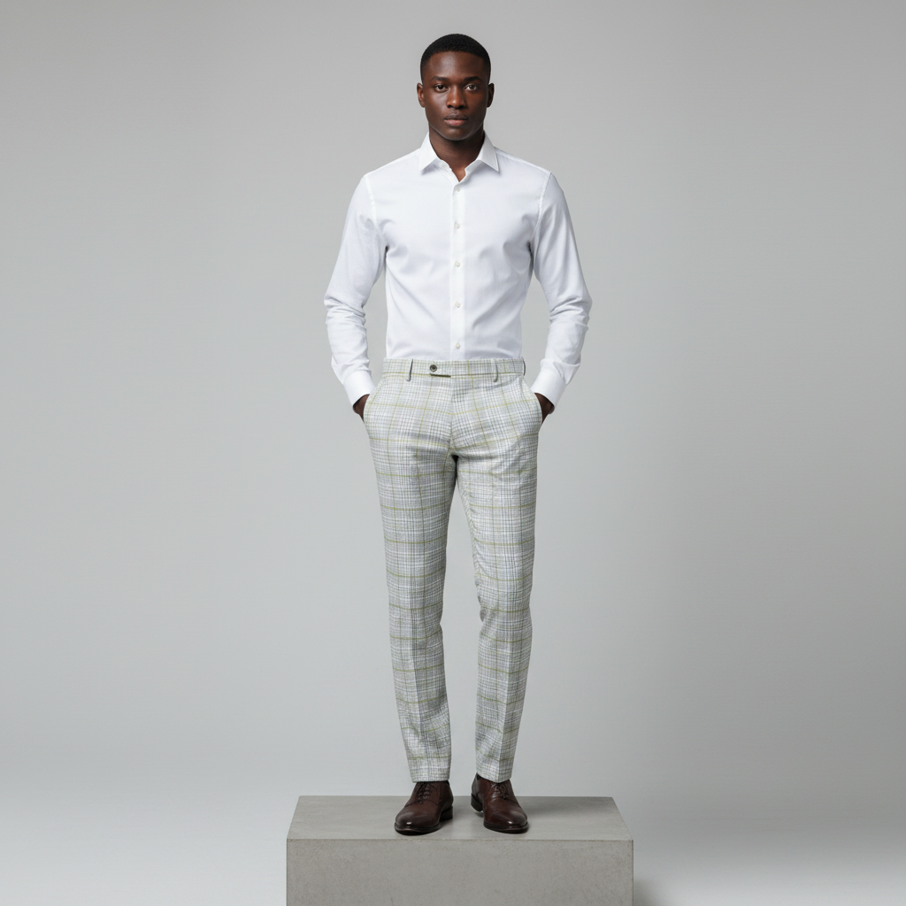 White Grey Houndstooth Lime Trousers – Front Model