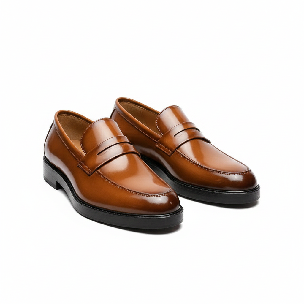 Tan Caramel Burnished Leather Penny Loafer - Ghost Mannequin