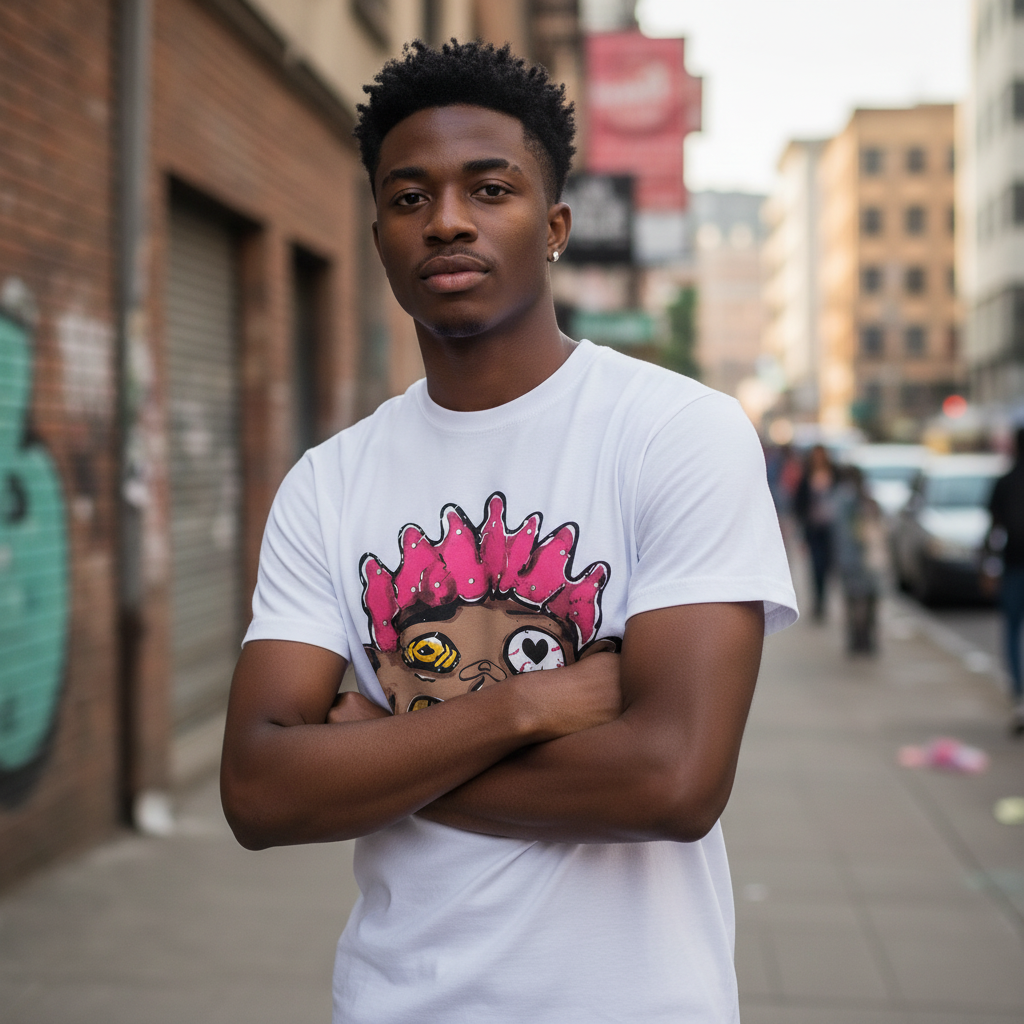 Young Nigerian male model wearing Cartoon Graphic White Tee