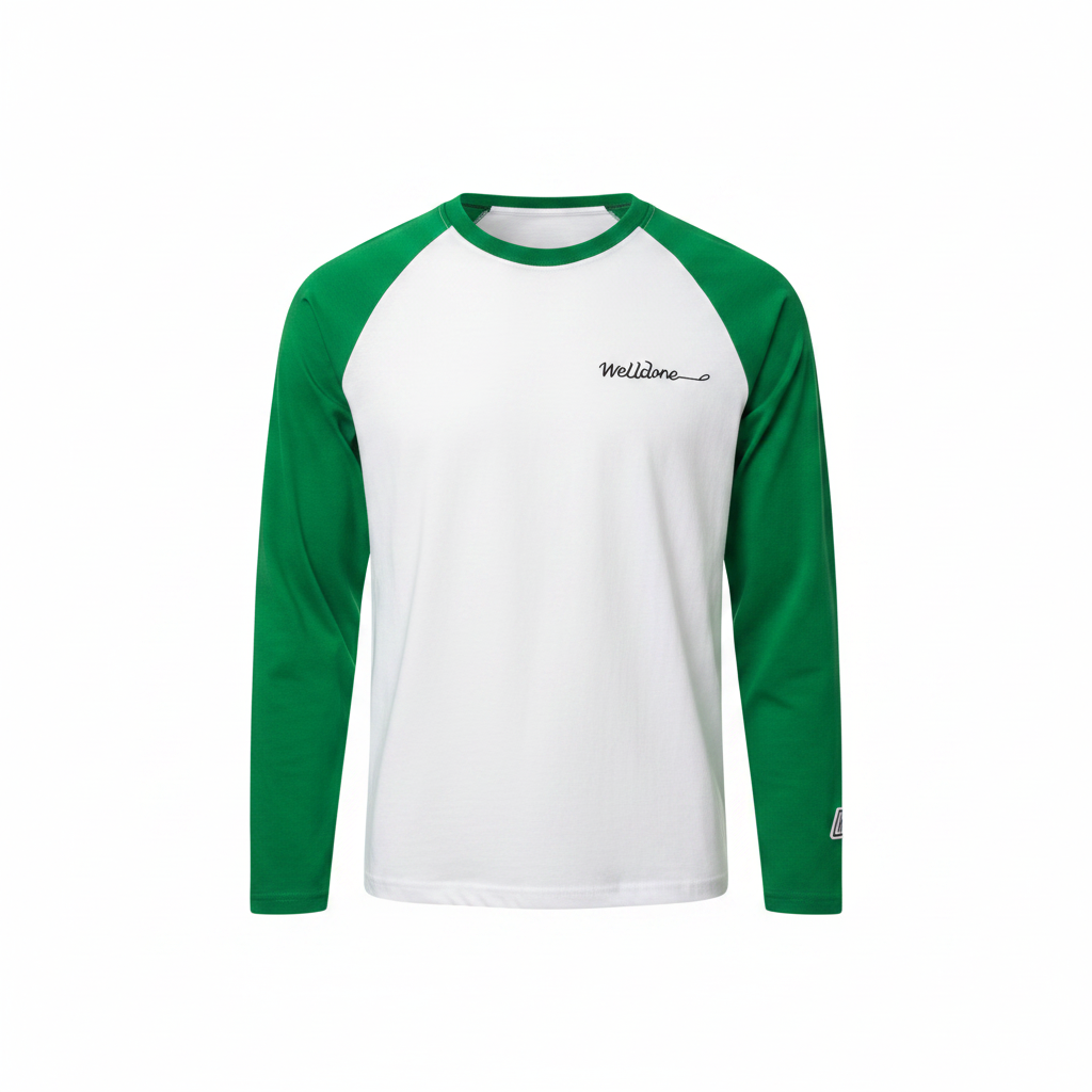 Men's white green raglan script long sleeve shirt ghost mannequin front view