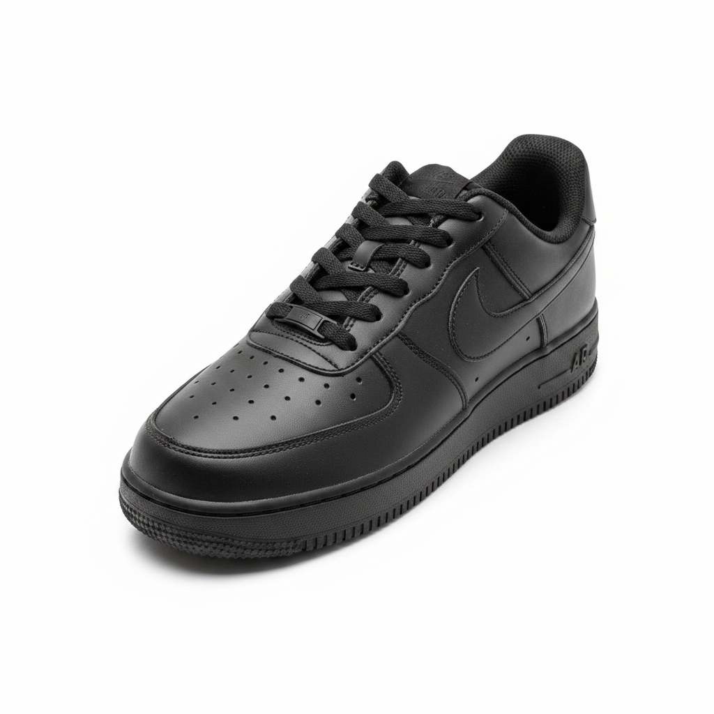 All-black low-top leather sneaker ghost mannequin shot on white background, all-black colorway