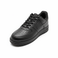 All-black low-top leather sneaker ghost mannequin shot on white background, all-black colorway