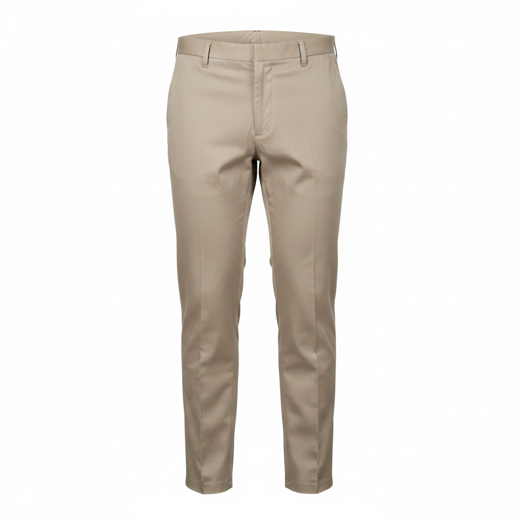 Men's khaki slim tapered chino trousers ghost mannequin front view on white background