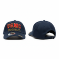 Dark navy embroidered slogan baseball cap ghost mannequin front and side view