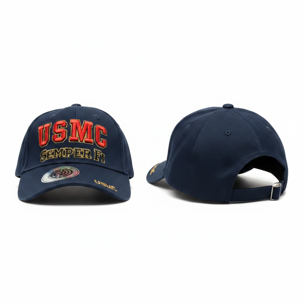 Dark navy embroidered slogan baseball cap ghost mannequin front and side view