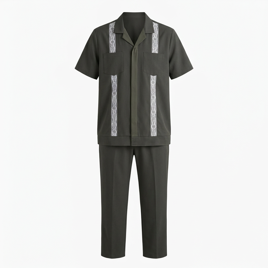 Charcoal patterned-panel shirt and trouser set on white background