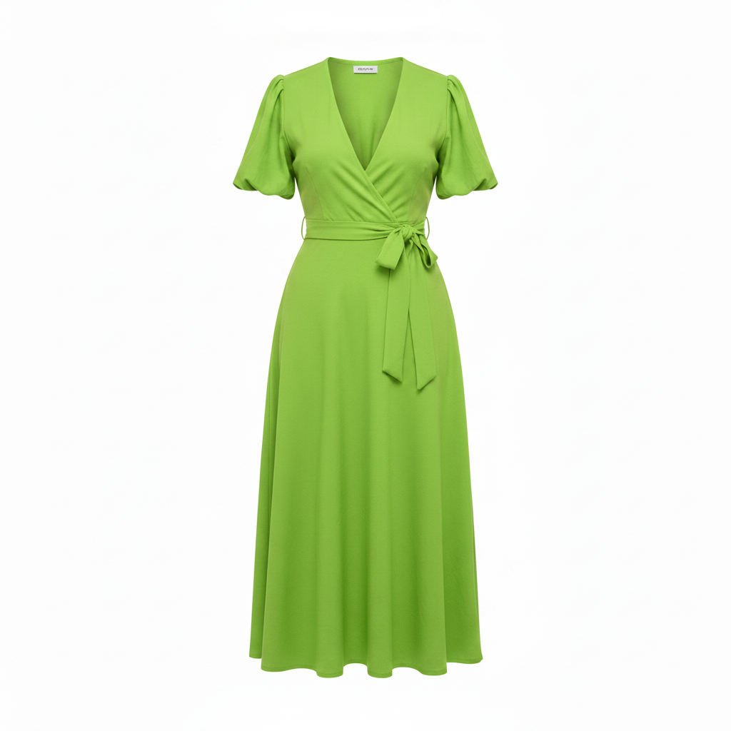 Women's lime green puff sleeve wrap midi dress – ghost mannequin view