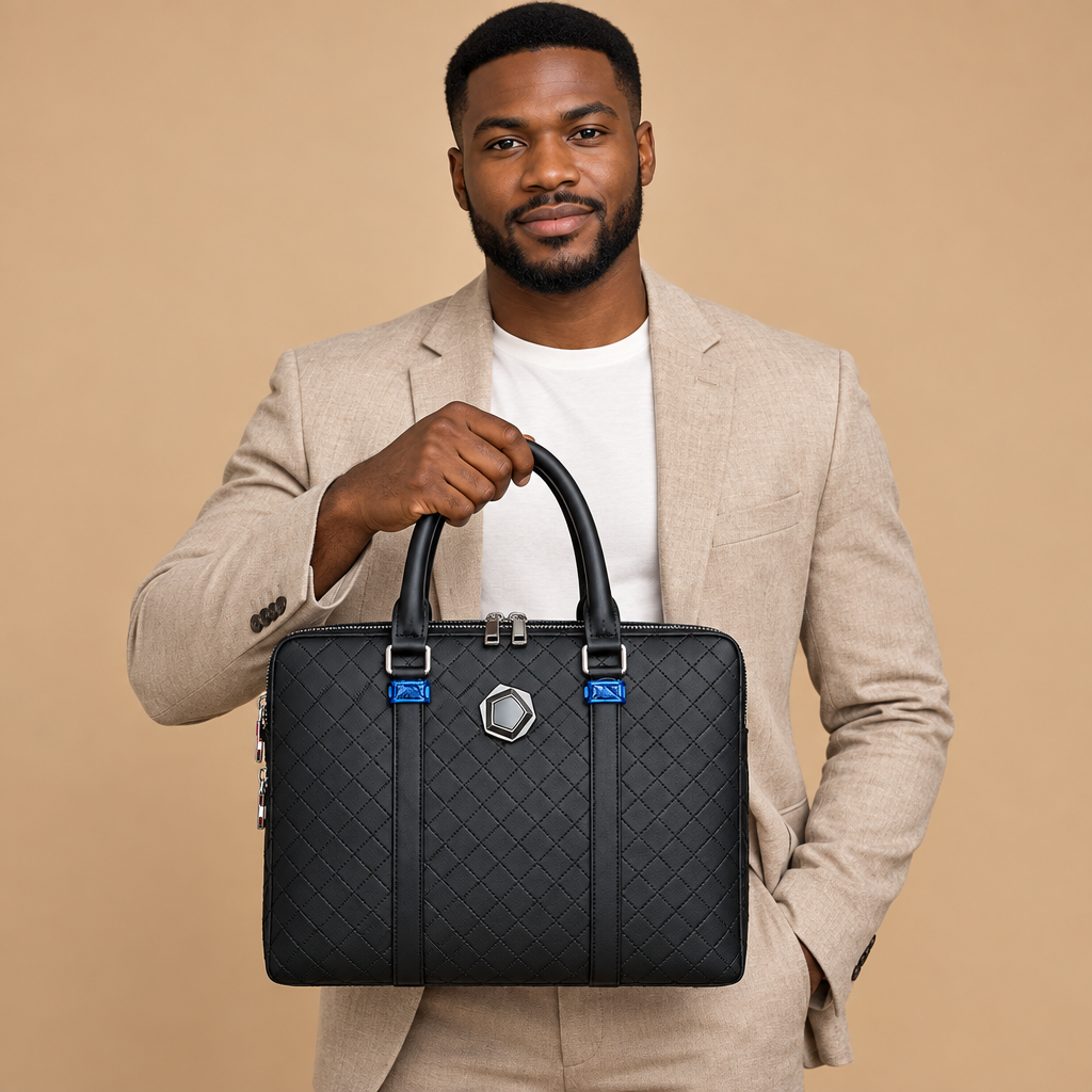Adult model holding a black grid-stitched top-handle bag