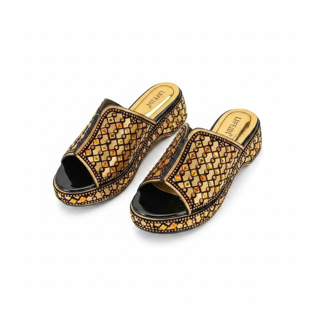 Women's Rhinestone Mosaic Platform Wedge Slide - Gold Ghost Mannequin
