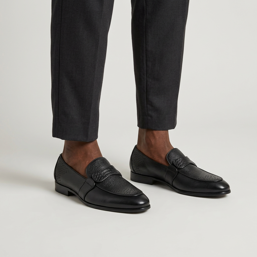Man wearing black leather loafers with perforated detailing on a plain studio background