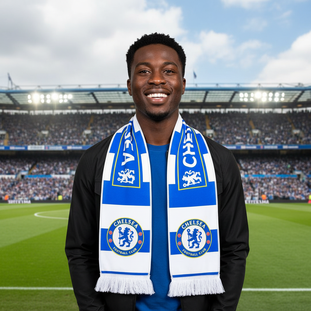Male model wearing blue and white striped football fan scarf at stadium