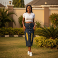 Model Shot – Yellow Panel Cargo Denim Midi Skirt