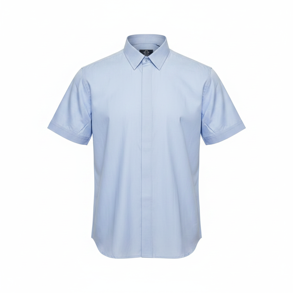 Light Blue Plain Short-Sleeved Shirt - Ghost Mannequin Front View
