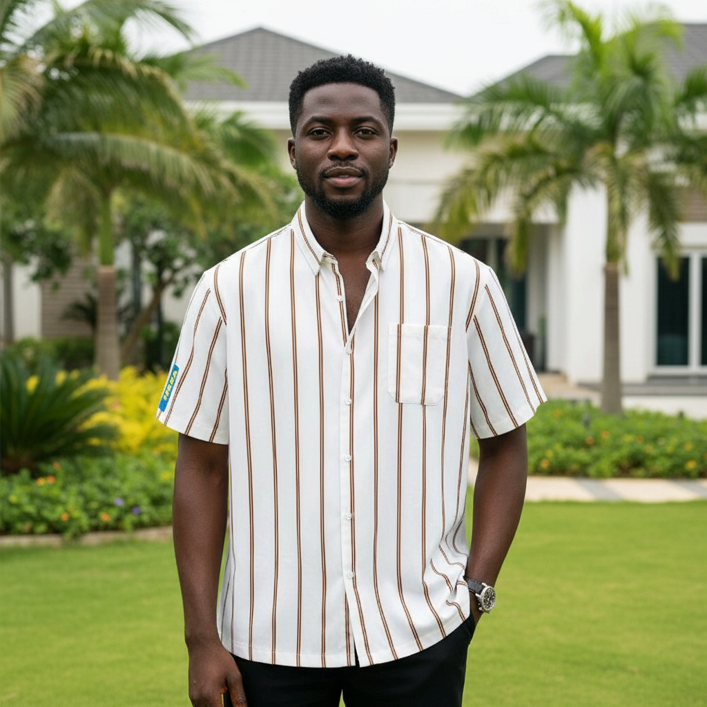 Men's White Striped Short Sleeve Shirt - Nigerian Male Model