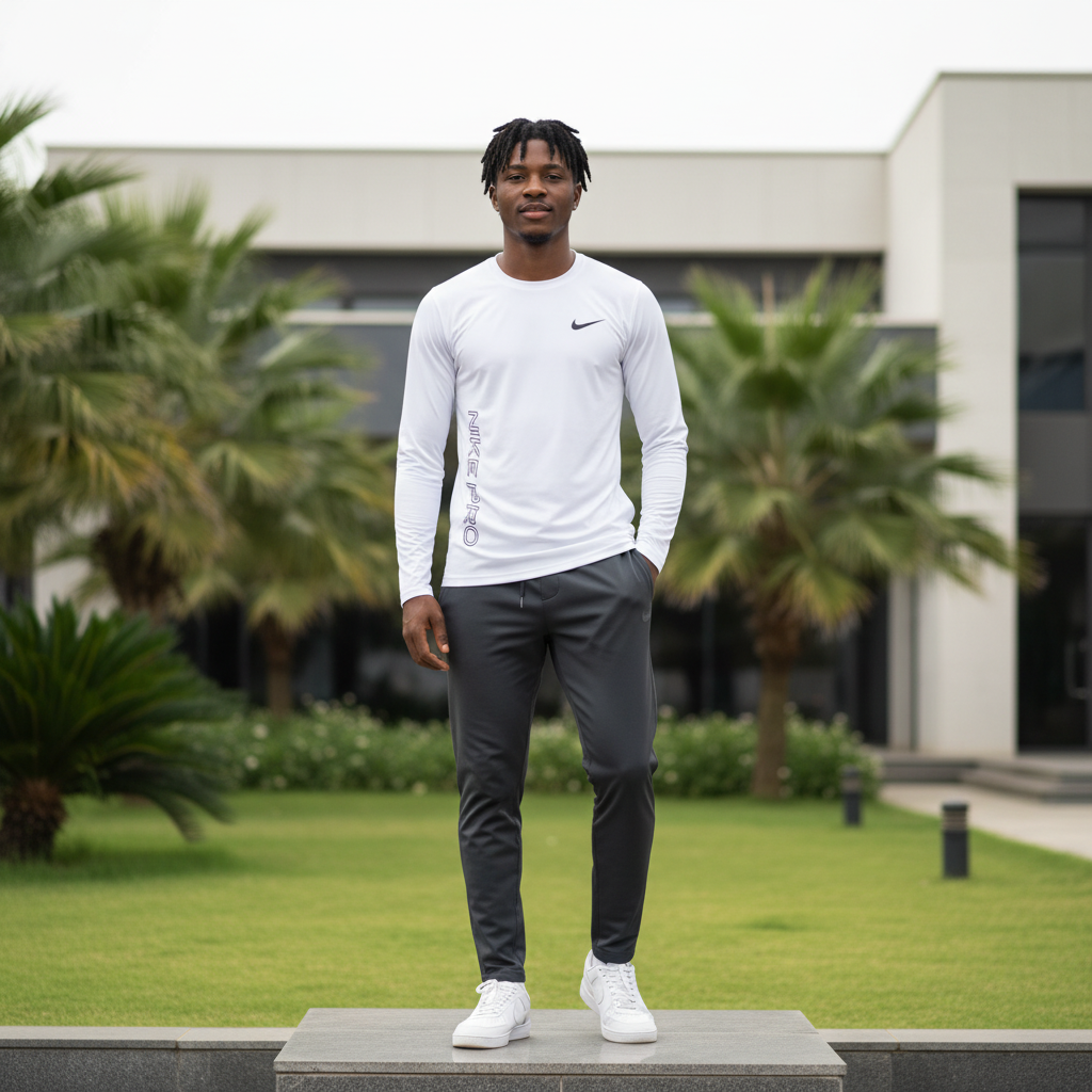 Men's White Long-Sleeve Athletic Performance Shirt – Nigerian Male Model