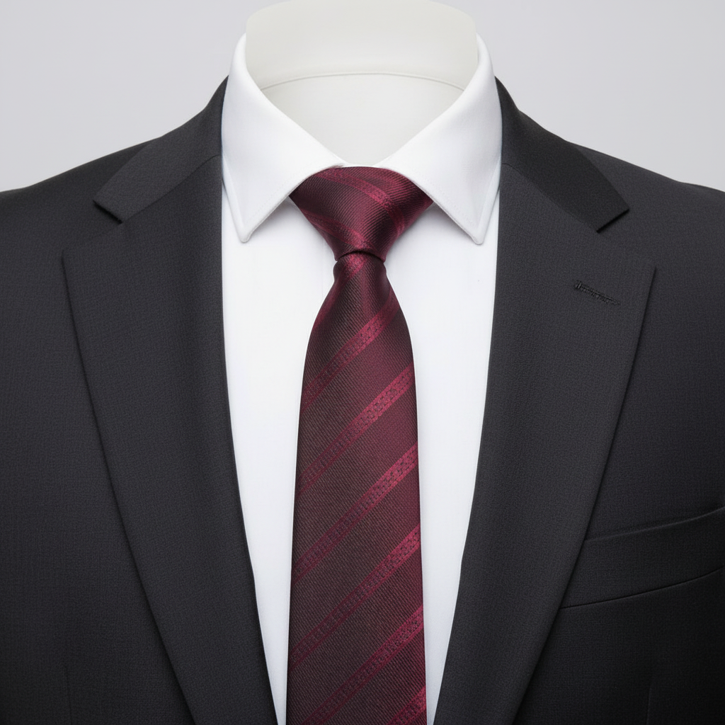 Men's burgundy maroon tonal diagonal stripe woven necktie on ghost mannequin with white shirt and charcoal suit