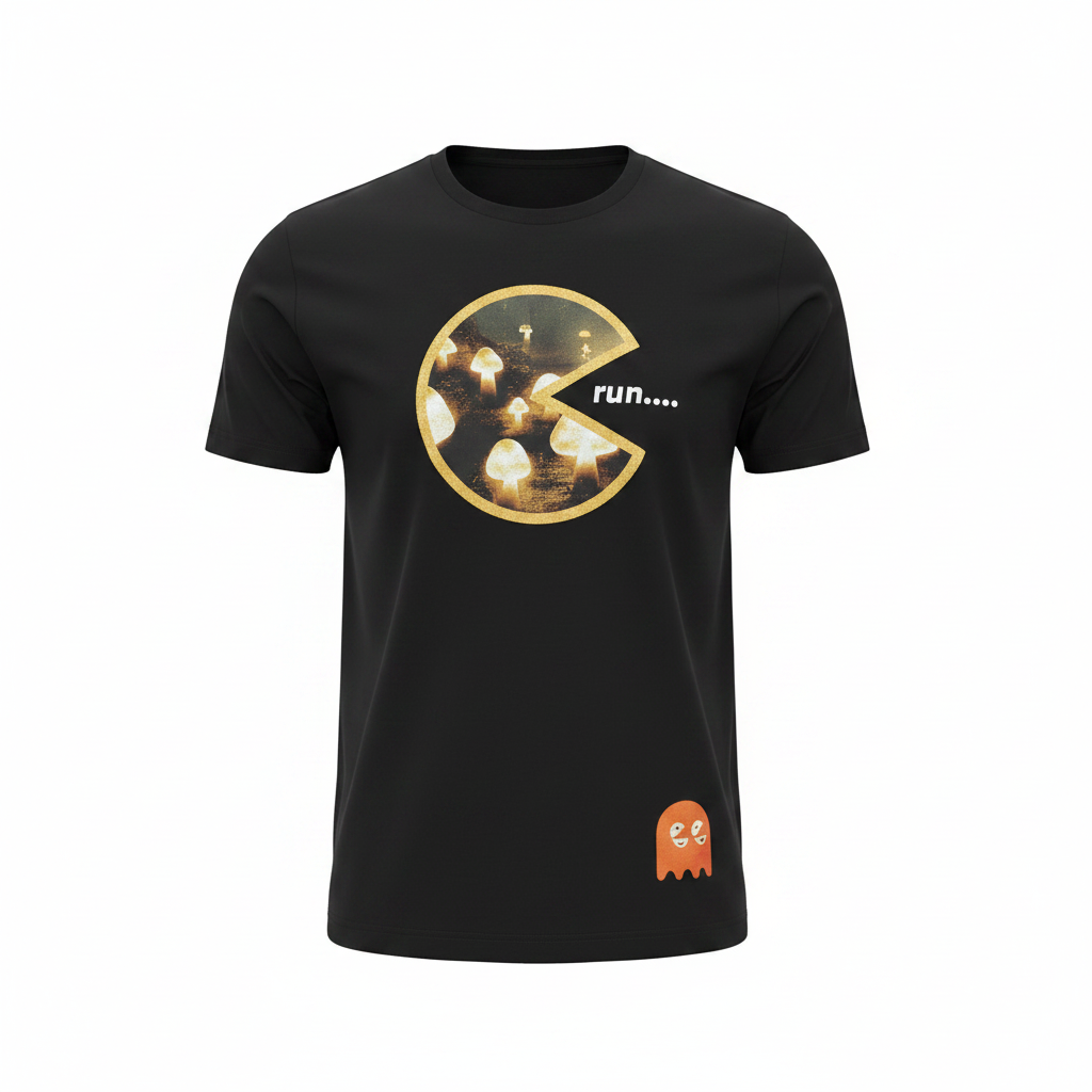 Men's black round-neck retro gaming Pac-Man graphic t-shirt ghost mannequin view