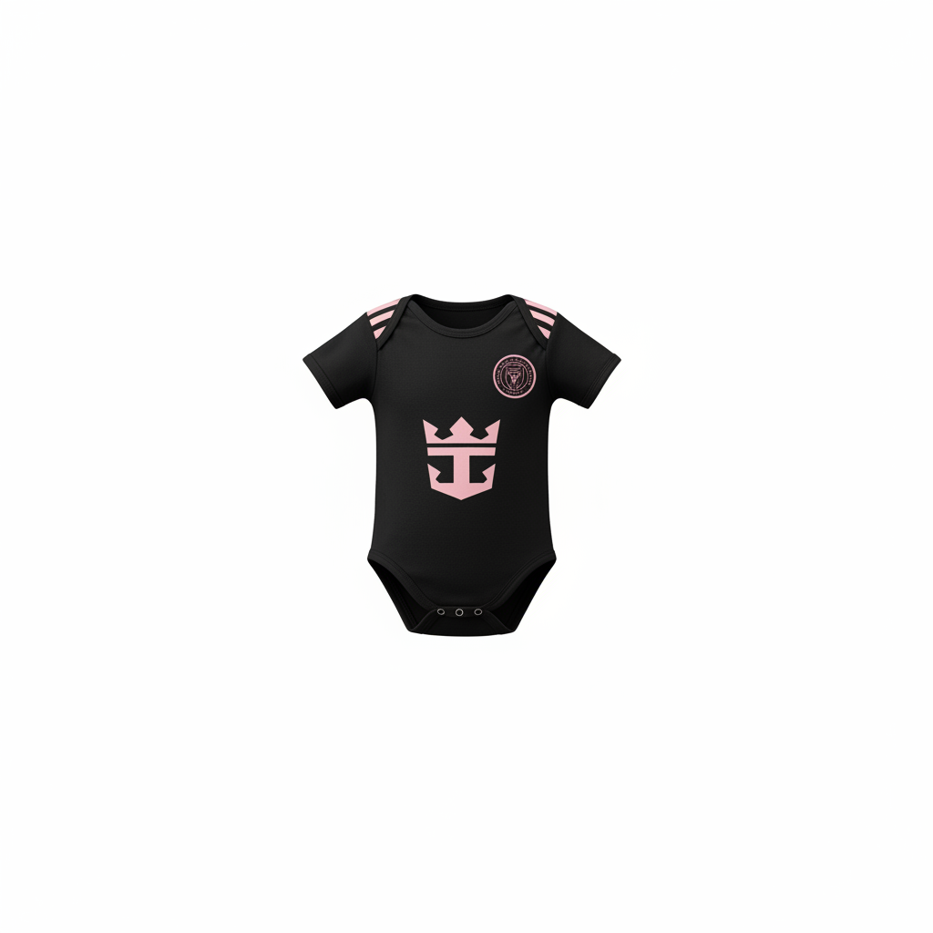 Baby black & rose pink crown football romper bodysuit – ghost mannequin front view on white background