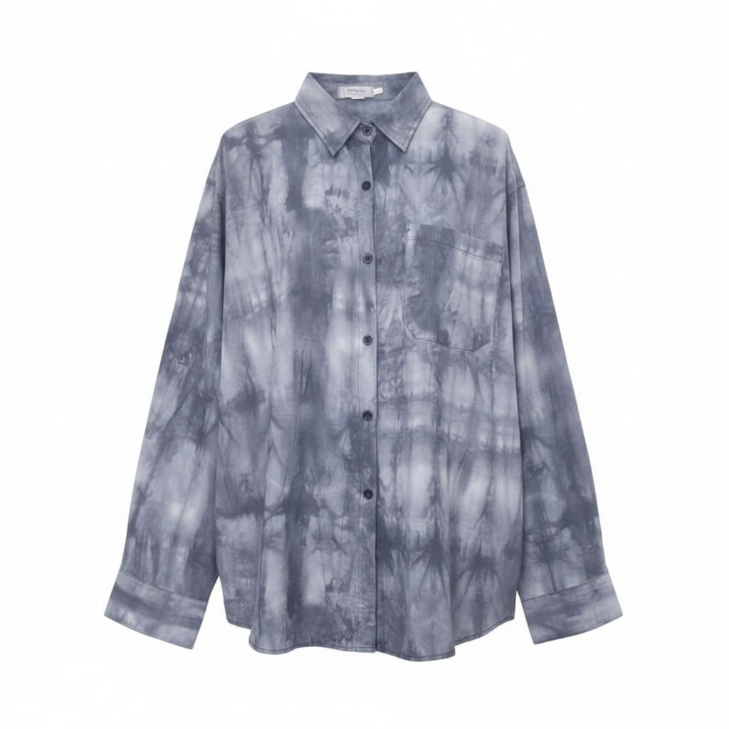 Women's grey blue tie-dye oversized long-sleeve button-down shirt - ghost mannequin front view