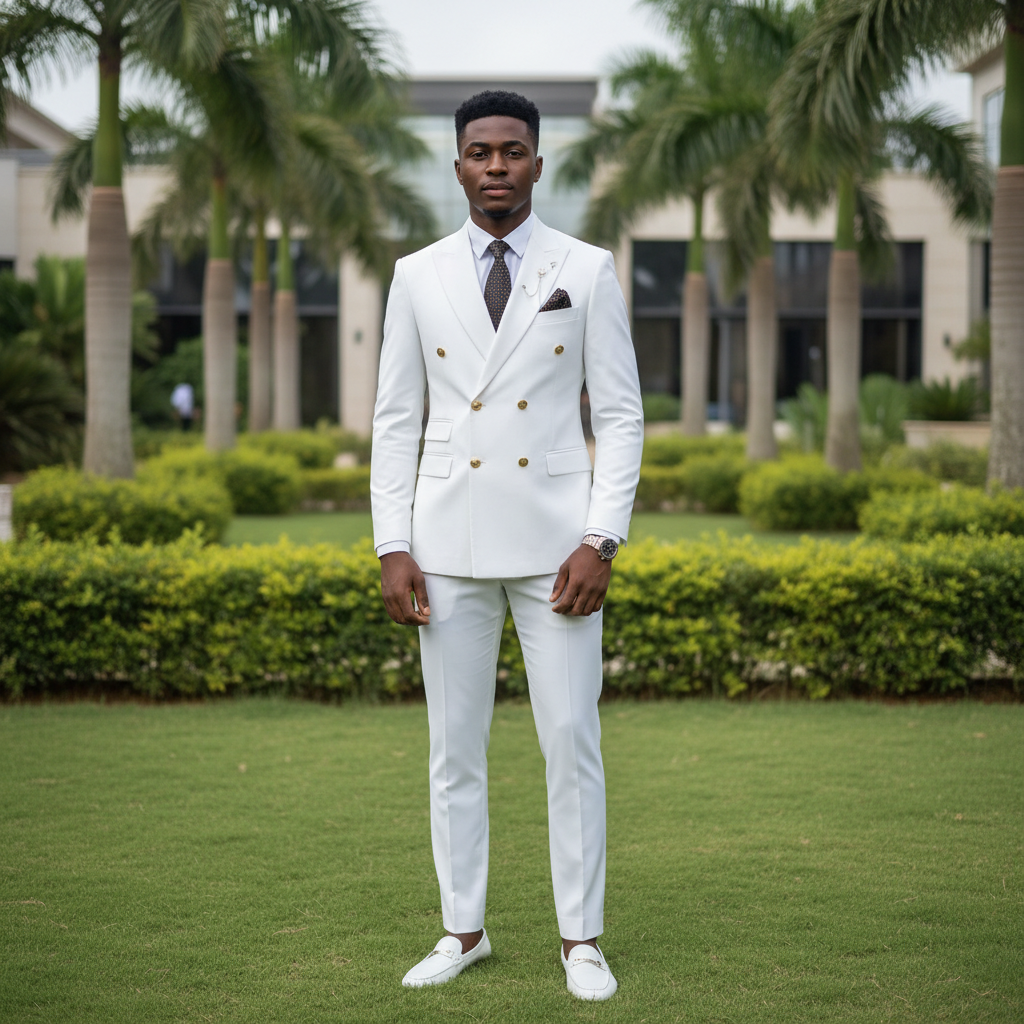 Nigerian male model wearing white double-breasted peak lapel suit
