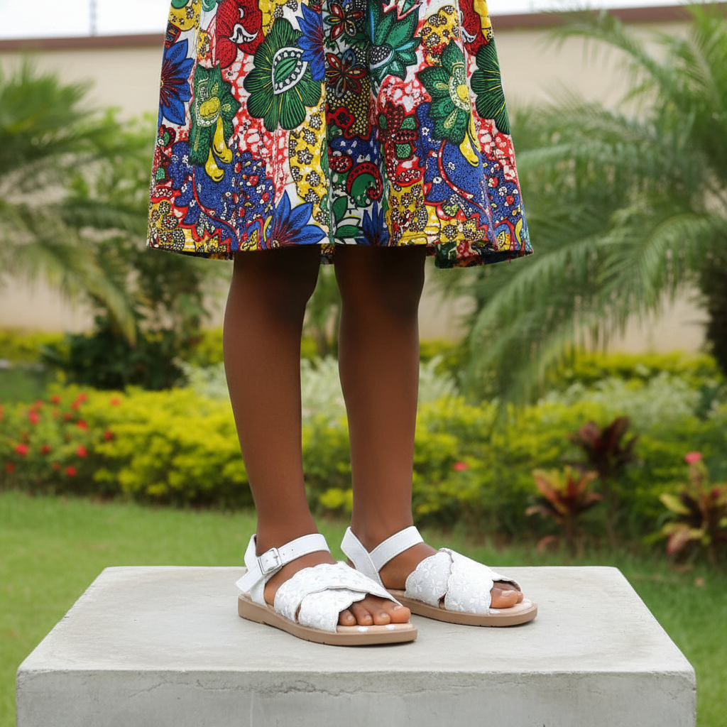 Nigerian girl child wearing white floral embroidered sandals