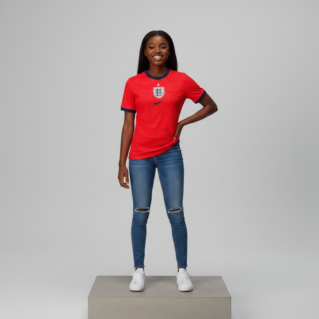 Nigerian female model wearing red away football jersey on concrete plinth