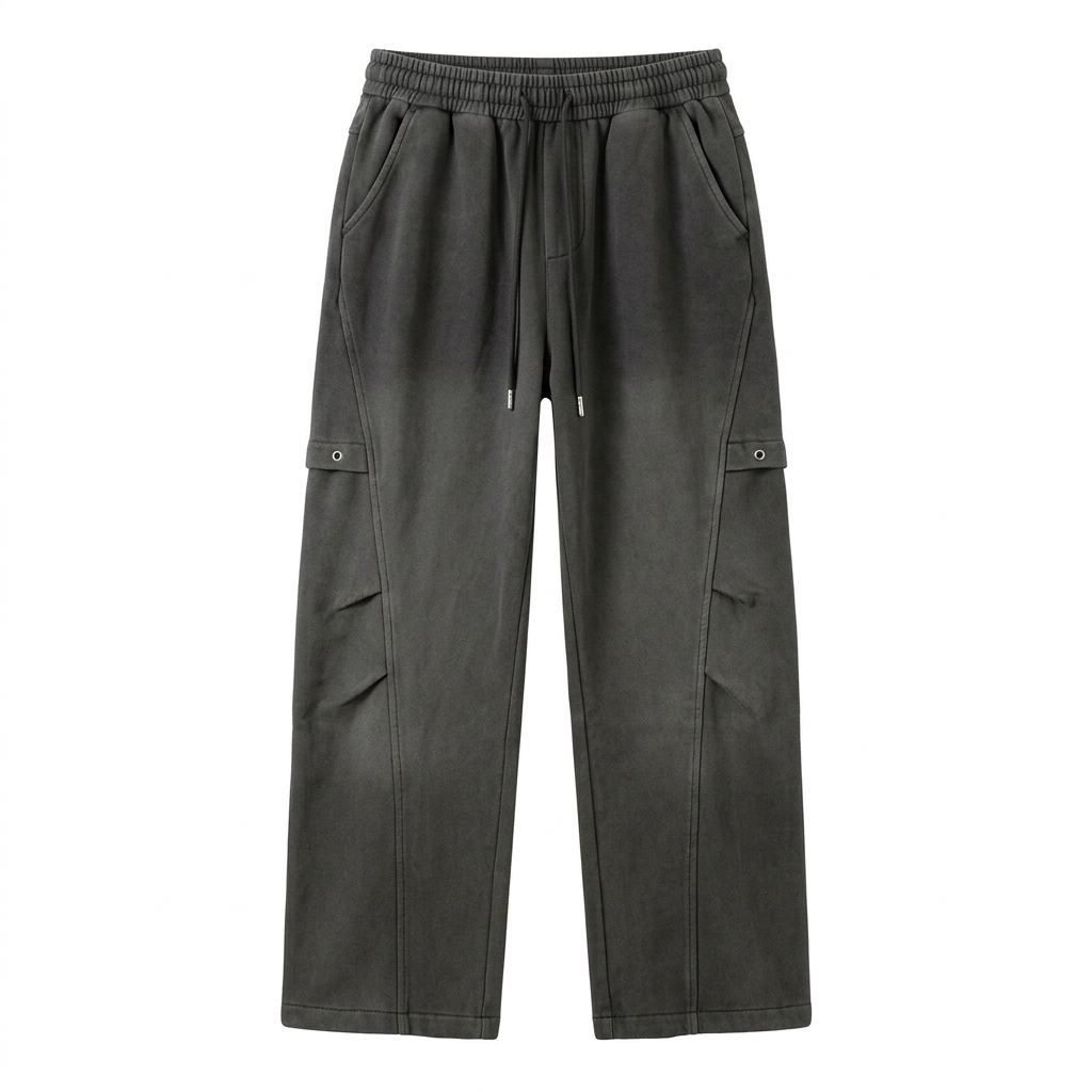 Grey cargo-pocket joggers with black drawstrings, generated ghost mannequin view