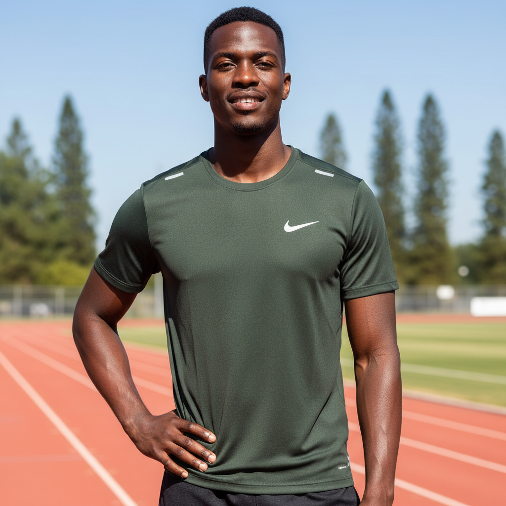 Black Nigerian male model wearing dark olive premium sport jersey on running track
