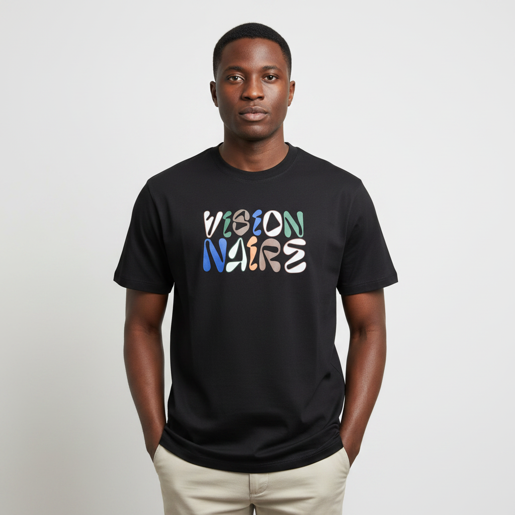 Model wearing the black bubble letter graphic t-shirt