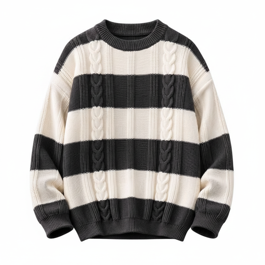 Men's grey cream stripe cable knit sweater ghost mannequin front view