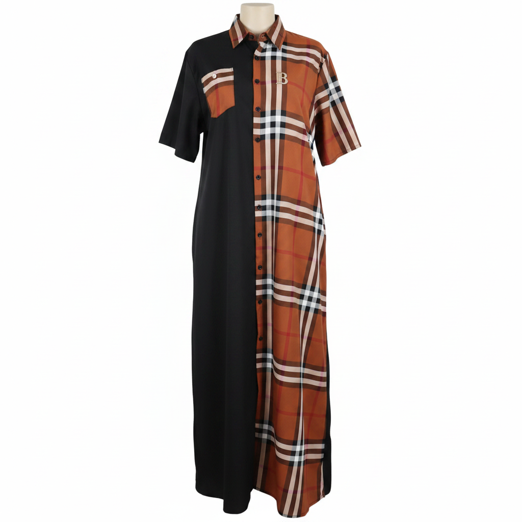Black & Brown Tartan Colorblock Maxi Shirt Dress - Ghost Mannequin Front