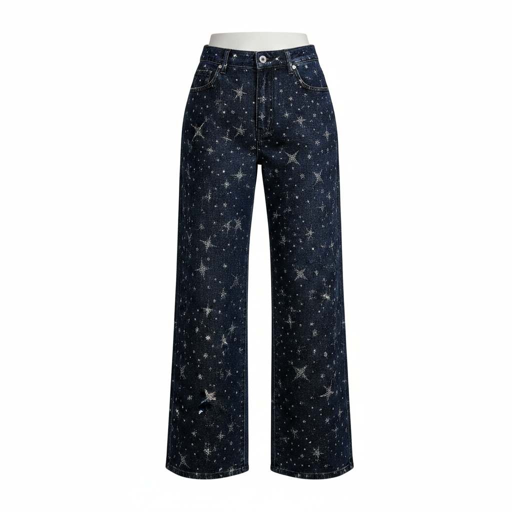 Women's navy blue star print wide-leg denim jeans on ghost mannequin, white background