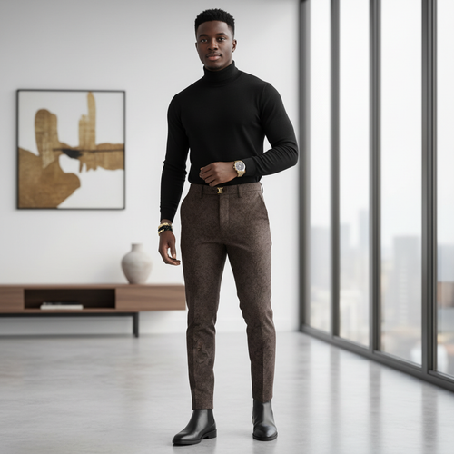 Men's Baroque Pattern Trousers – Model Shot Dark Brown