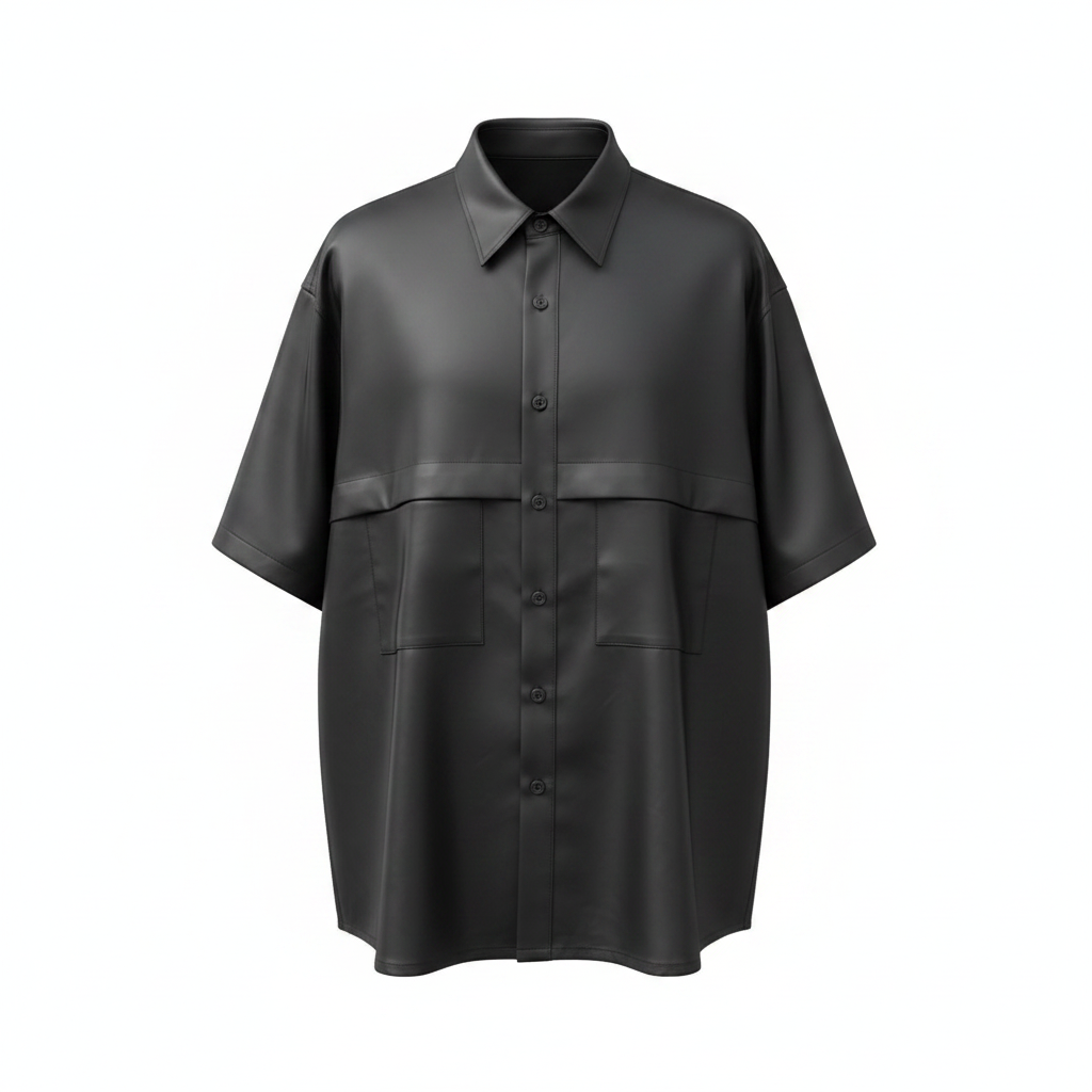 Dark charcoal short-sleeve utility shirt ghost mannequin — chest panel, patch pockets, white background