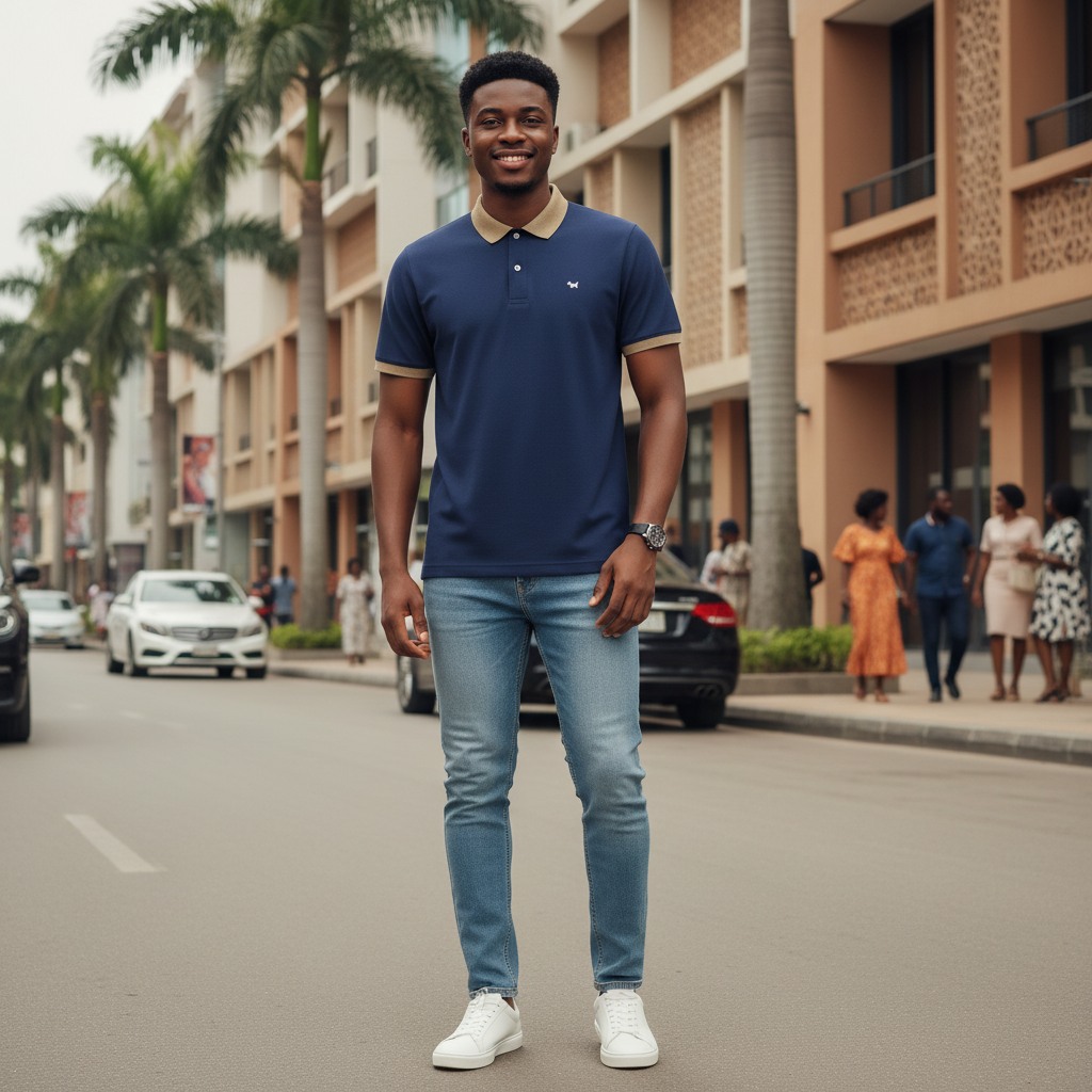 Young Nigerian male model wearing navy blue polo shirt, front view, Nigerian urban background