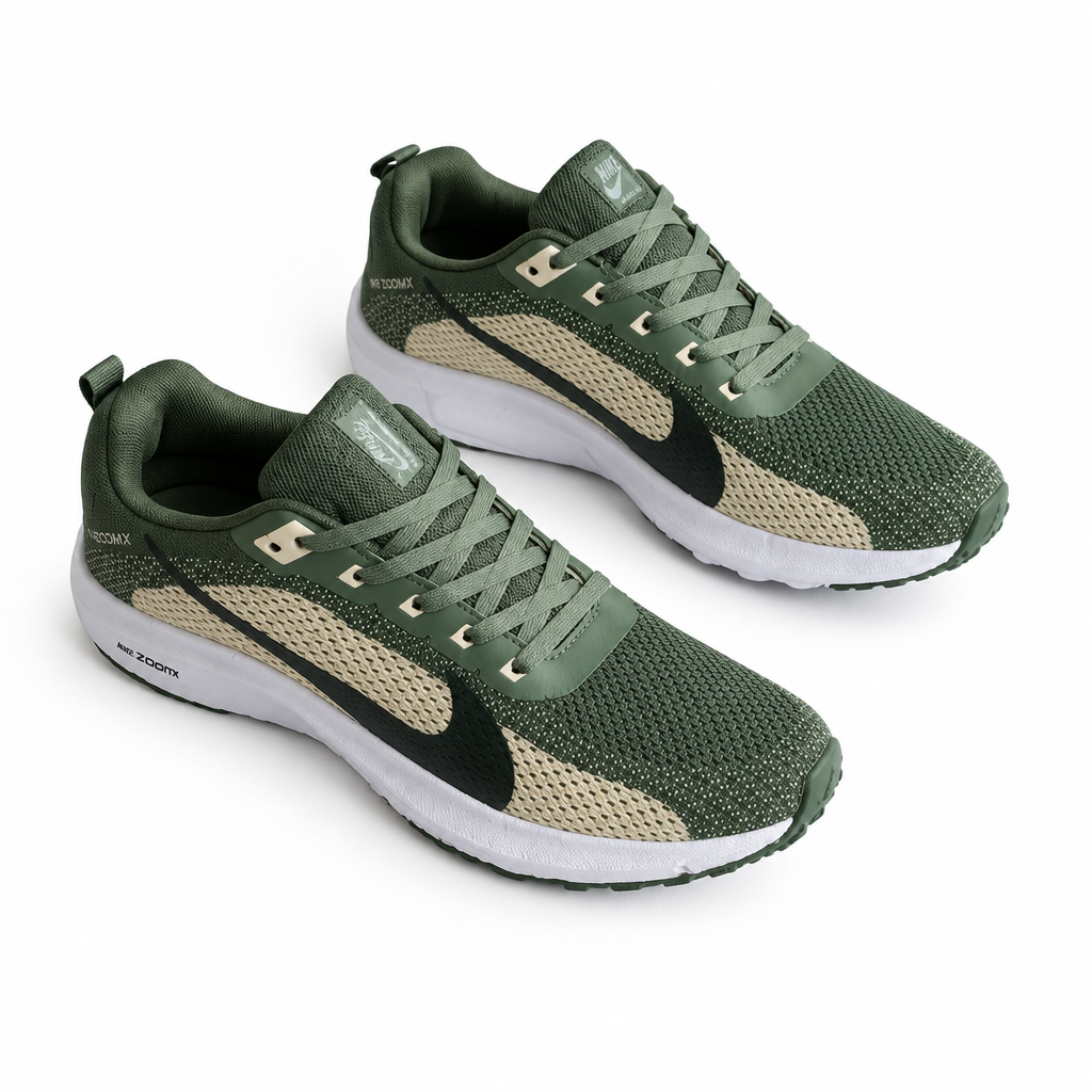 Olive mesh lace-up sneakers with beige panels and white soles