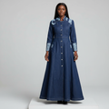 Navy Blue Lace Panel Denim Maxi Dress – Model Front
