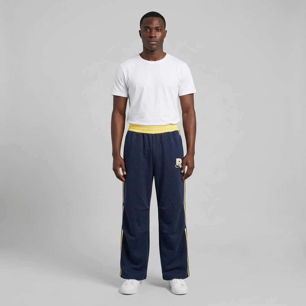 Full-body male model wearing navy and yellow track trousers